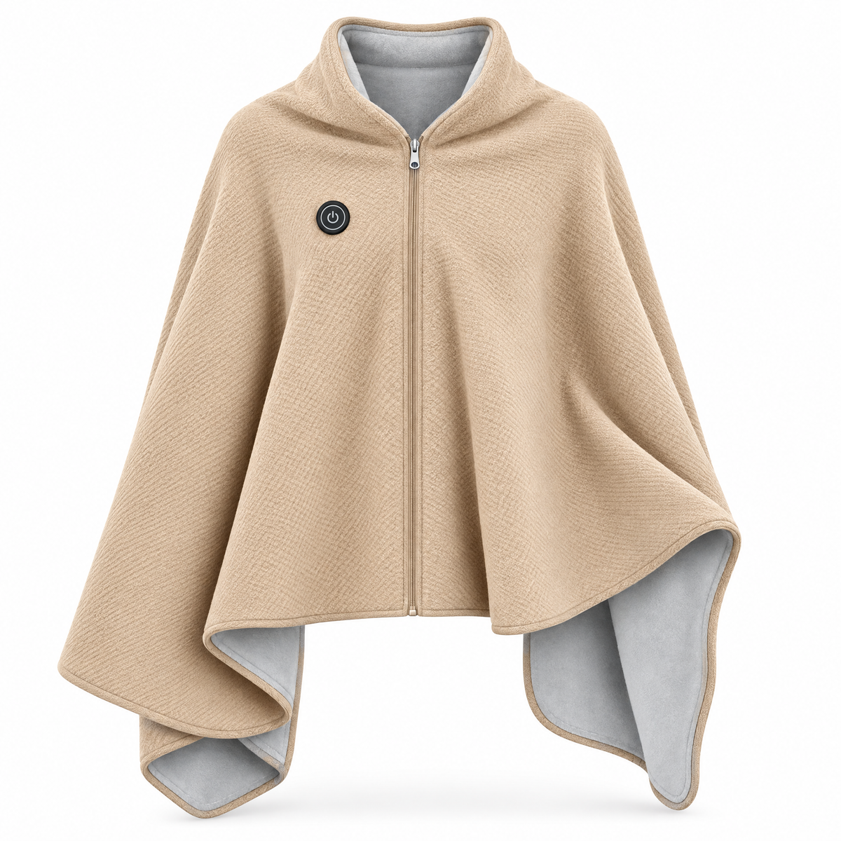 Stowe heated knit wrap in beige with front zipper and one-touch button, white background