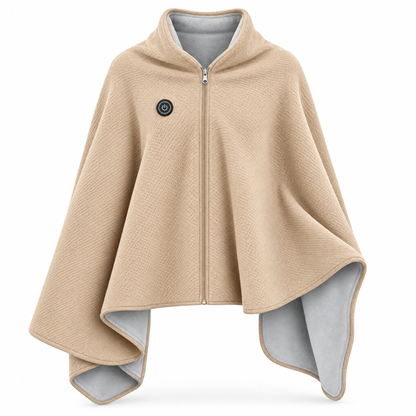 Stowe heated knit wrap in beige with front zipper and one-touch button, white background