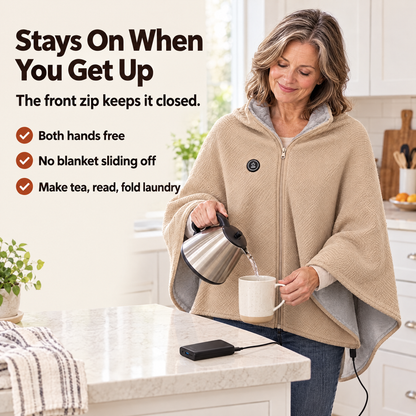 Front zip keeps the wrap on while she makes tea, hands free