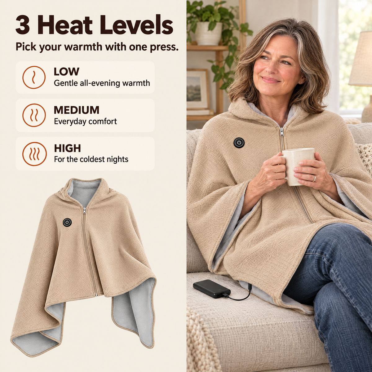 Woman relaxing on the couch wearing the Stowe heated knit wrap in beige